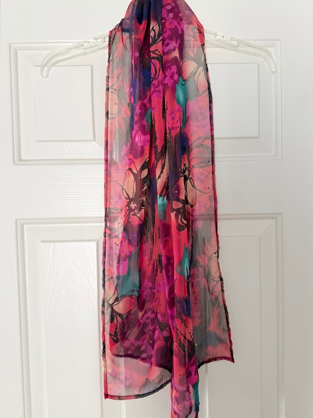 Beautiful sheer scarf vibrant pink multi floral print with scattered rhinestones